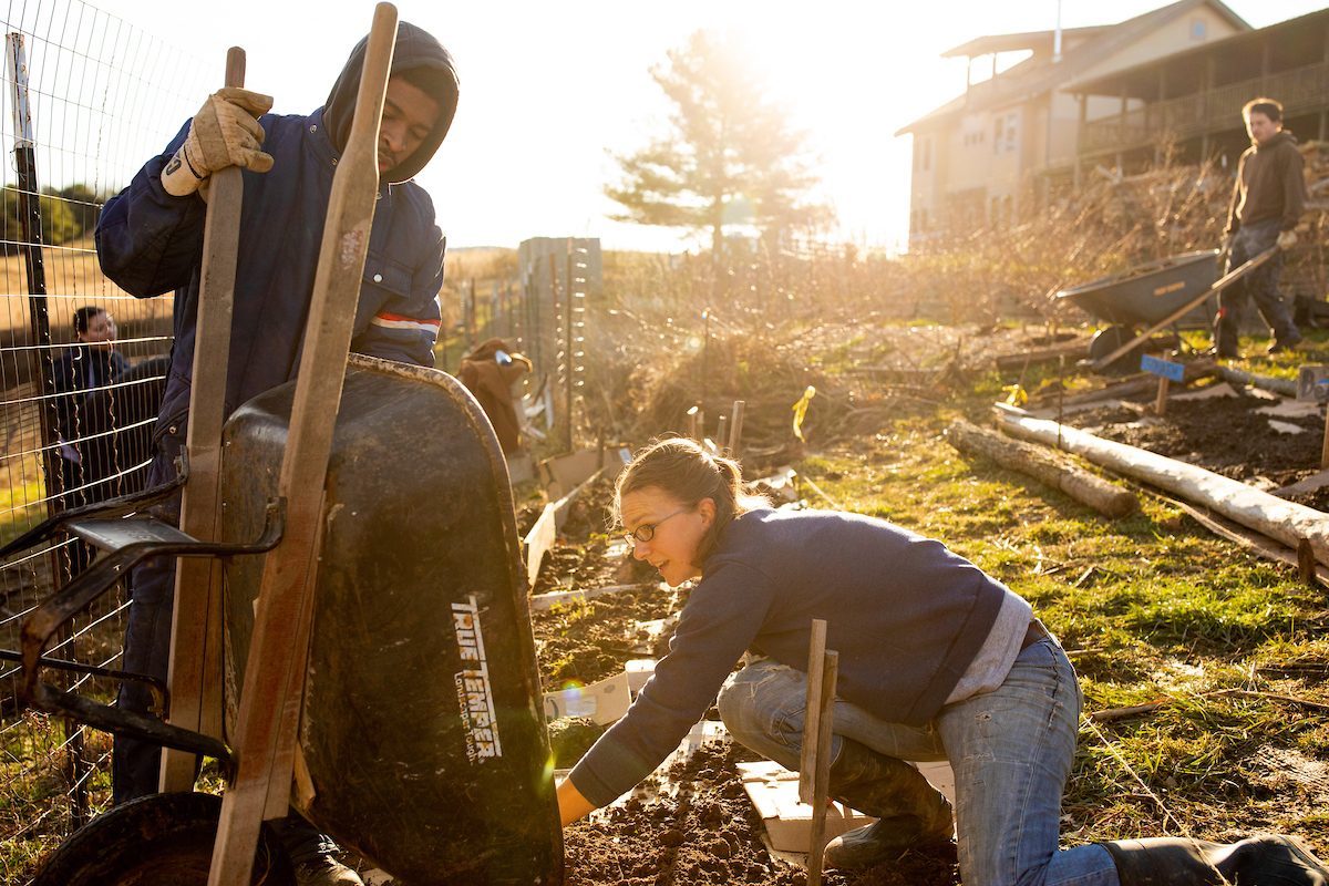 Loyola University Chicago students participate in the Alternative Break Immersion (ABI) program which provides opportunities for students to engage in service and social justice. Students spent the week at Nazareth and Bethlehem Farms in rural West Virginia to work on community service projects and also learn more about sustainable living practices. (Photo: Lukas Keapproth)