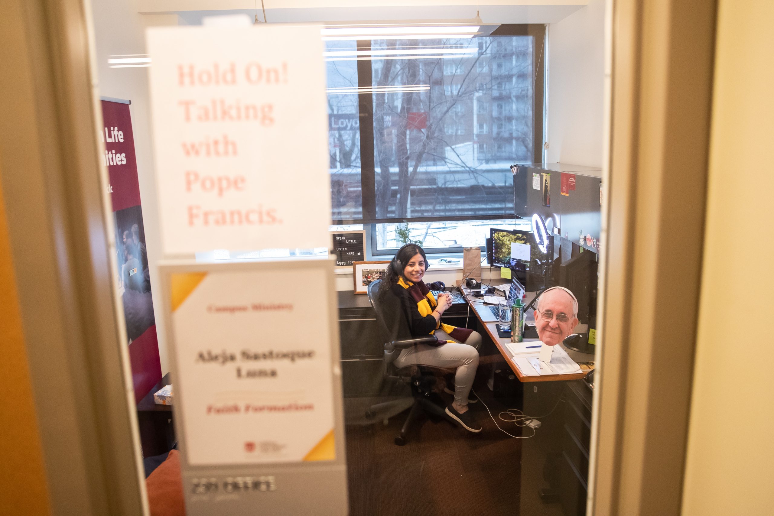 Loyola University Chicago masters student Aleja Sastoque Luna dialogues with Pope Francis during a virtual meeting entitled, Building Bridges: A Synodal Encounter between Pope Francis and University Students. The virtual meeting was a collaboration across continents and involved 58 universities from around the world.  (Photo: Lukas Keapproth)