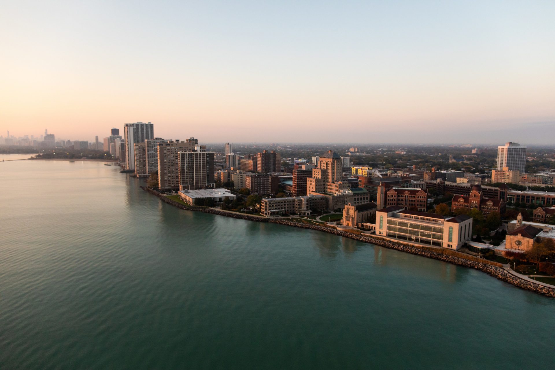 Aerial view of the Lake Shore Campus along Lake Michigan