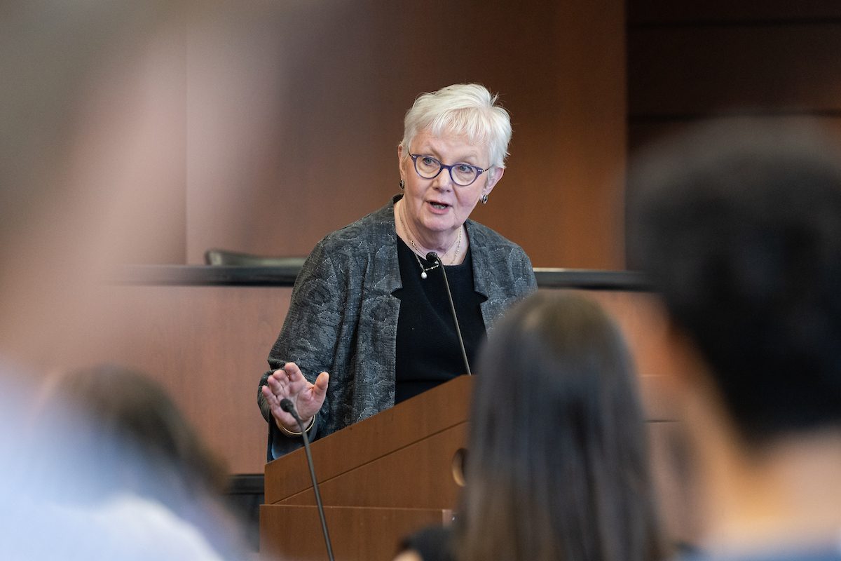 Photo of Mary Theis teaching at Loyola's Law School.