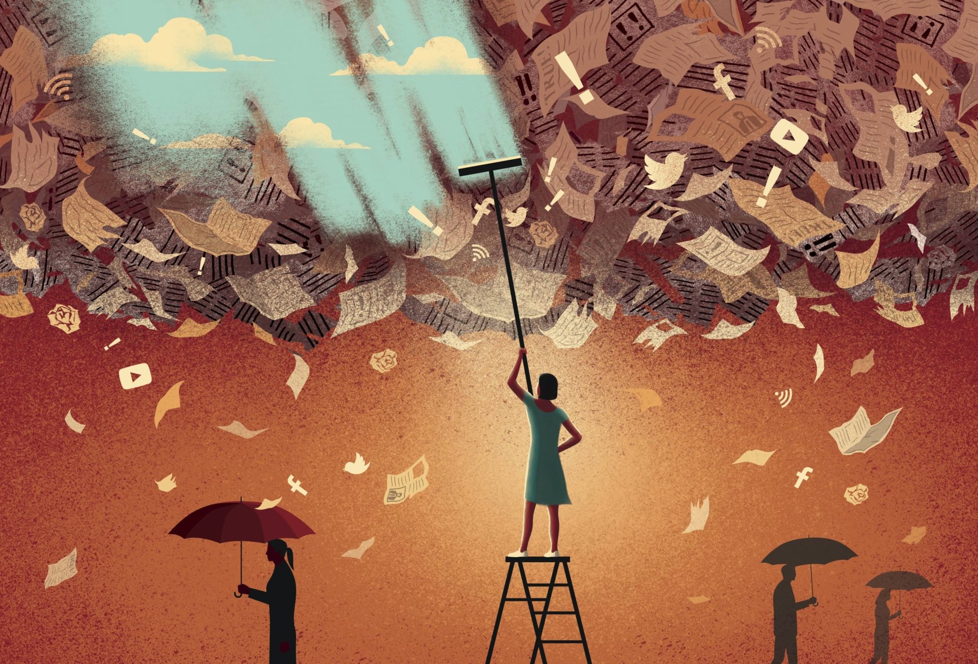 A woman standing on a ladder uses a Squeegee to wipe away a cloud of newspapers and interspersed with logos of social media sites and reveals a blue sky behind the media storm